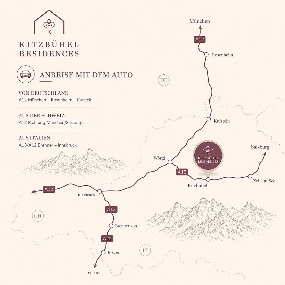 Anreise zu den Kitzbühel Residences mit dem Auto. Autobahnen auf der Karte dargestellt